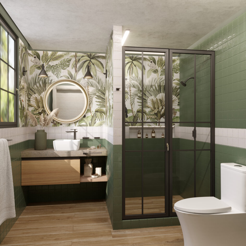 Baño con espejo redondo, pared con tapiz de hojas y cancel negro